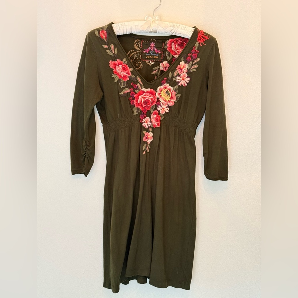 Johnny Was JWLA Dress Olive Floral Embroidered Long Sleeve Size M